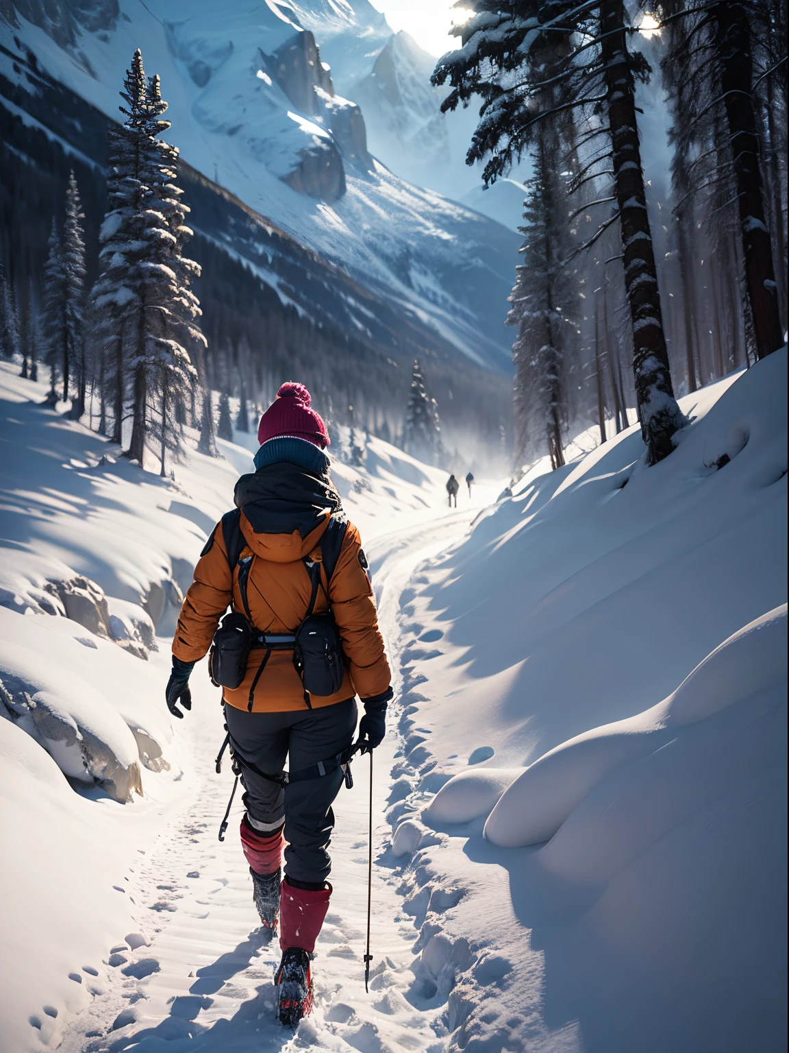 Jodie Comer wearing snow goggles, smiling, hiking in the Himalayas, deep snow, dramatic lighting, lens flare, blue shadows, spindrift, wearing orange goretex jacket, bulky waterproof trousers, gloves, snow goggles, beanie, gaiters and Grivel crampons, rucksack, rope attached to belt, Sherpas in distance