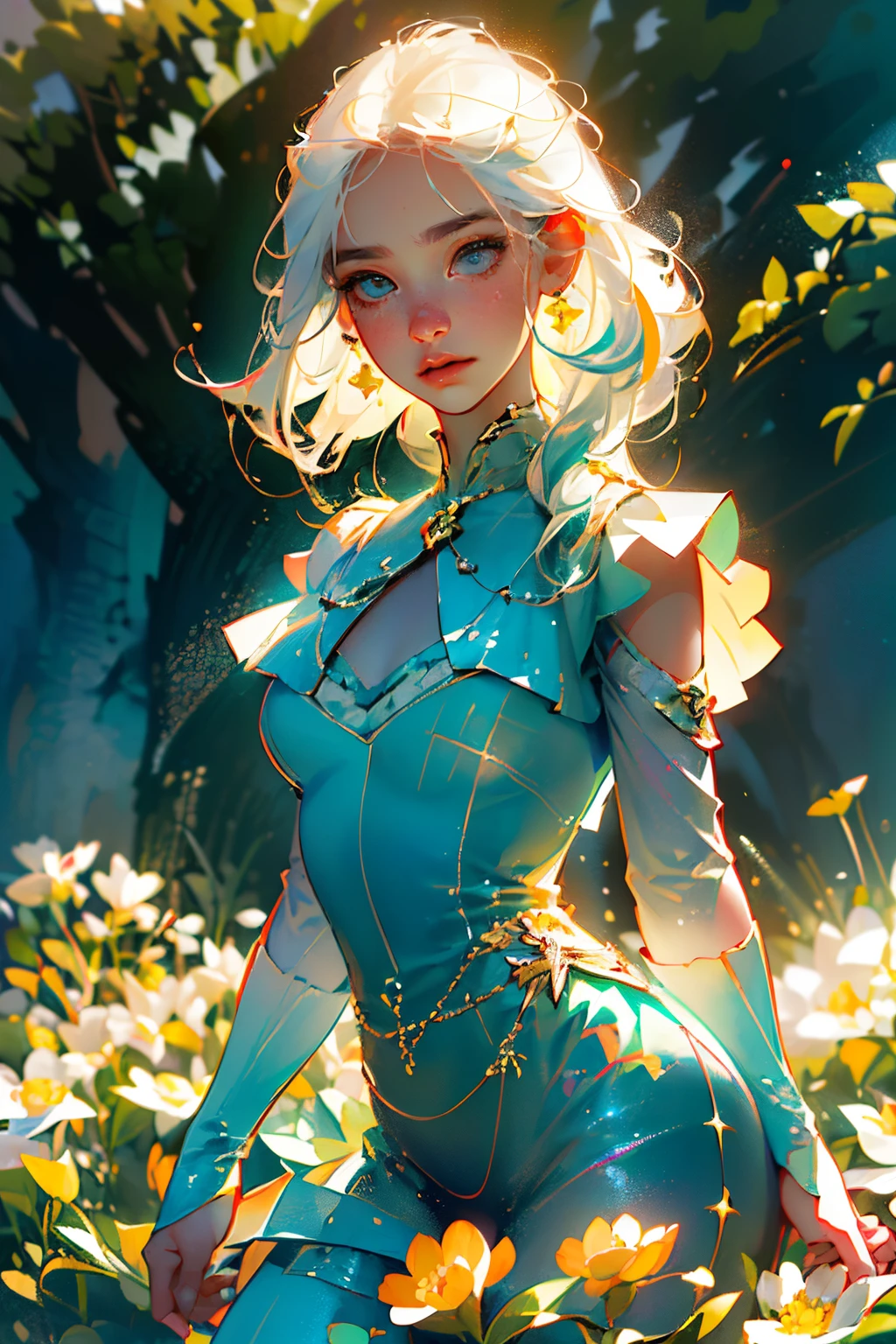 (8k, RAW photo, best quality, masterpiece: 1.2), (realistic, photorealistic: 1.37), ((best quality)), ultra high resolution, extremely detailed 8k CG wallpaper, physics-based rendering, cinematic lighting, full body, (bokeh: 1.4), ((((1girl))), (oval face), closed face
White-haired girl with multicolored shines, surrounded by a golden, heavenly, beautiful, bright aura,