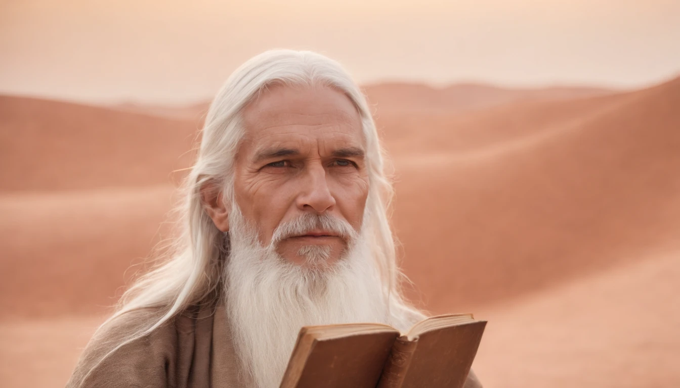 Image of An old man with serious features, with long white hair and beard, who is holding a book with a dark brown leather cover. He lives in the desert, so his body has to be like the people who live in the desert.