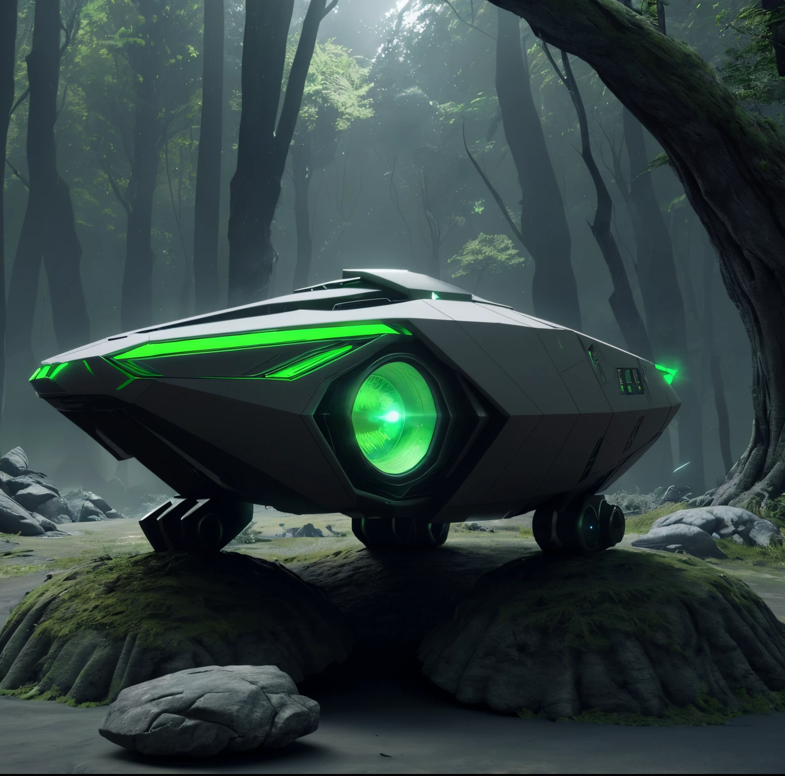 futuristic spaceship with green eyes, burning green light on a rock in the middle of the forest, NOhumans, science fiction, 3D octane rendering concept art, Glowing sci-fi engine, 8 k high detail concept art, Рендеринг 8 K CG, 8K 3D octane rendering, rendered in redshift, 3D octane render 8k, octane render sci - fi, Super rendering in octatonic rendering, Red Shift Rendering