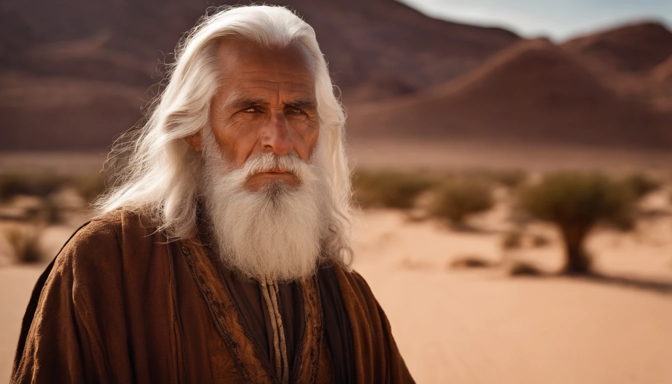 Image of An old man with serious features, with long white hair and beard, who is holding a book with a dark brown leather cover. He lives in the desert, so his body has to be like the people who live in the desert.