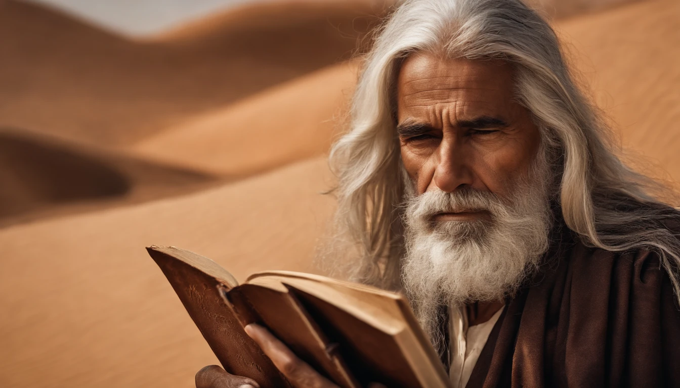 Image of An old man with serious features, with long white hair and beard, who is holding a book with a dark brown leather cover. He lives in the desert, so his body has to be like the people who live in the desert.