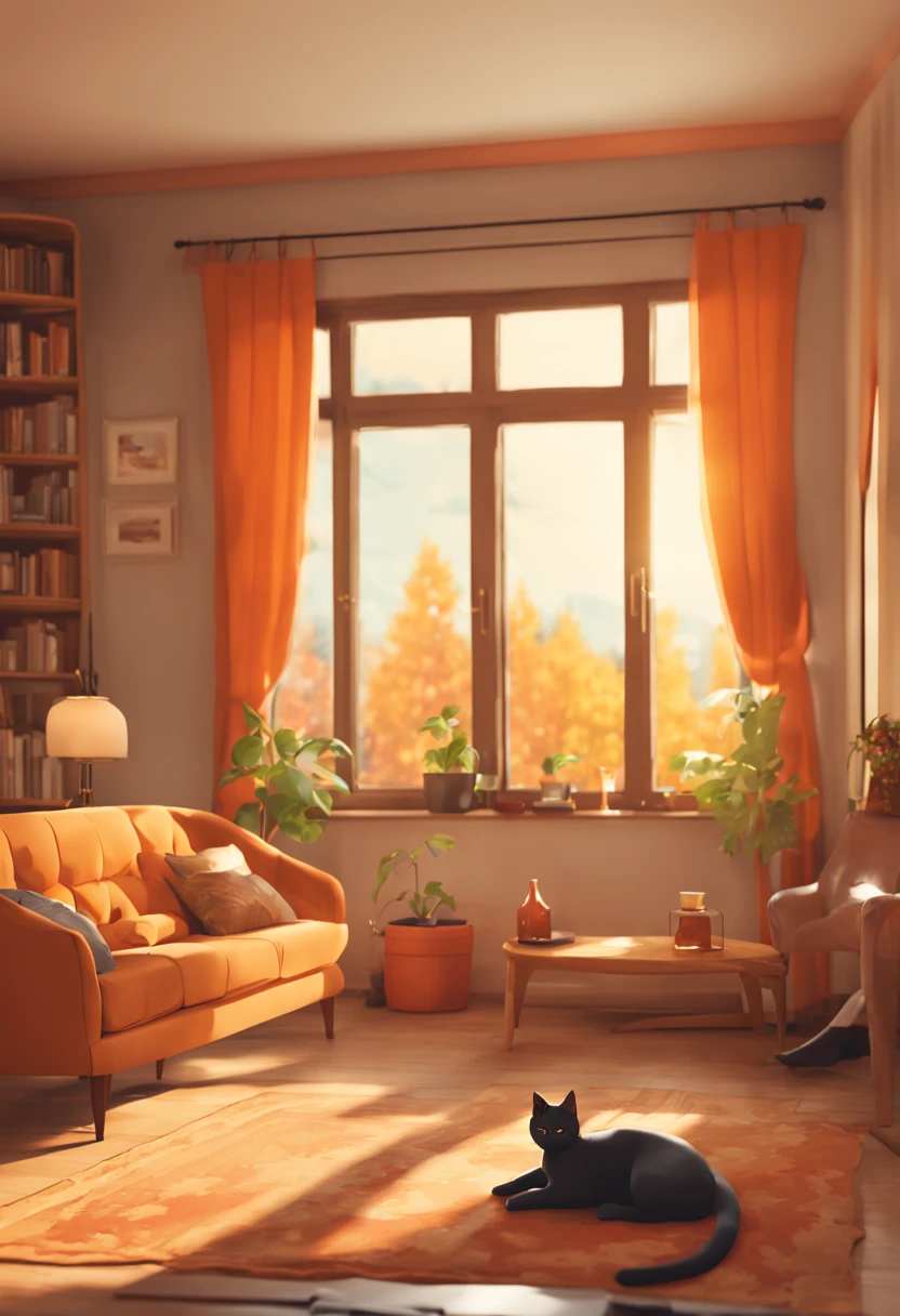 Alafid living room with sofa, a chair, desks, fireplace and windows, welcoming living room, Warm living room background, warm interior, Cozy atmosphere, cozy place, Warm home background, cozy living room interior, Comfortable and peaceful atmosphere, cozy environment, warm cosy colors, cozy living room, comfortable atmosphere, cozy environment, soft autumn sunlight, Comfortable cat in the house