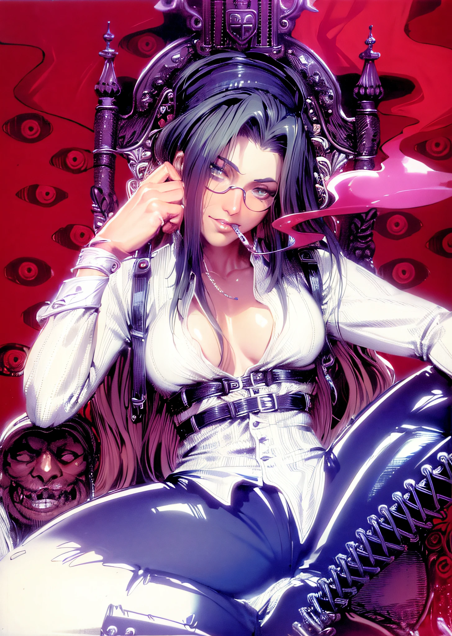 a woman sitting on a chair with a cigar in her mouth, style of yoshitaka amano, inspired by Yoshitaka Amano, inspired by Masamune Shirow, shohei otomo, hajime sorayama style, inspired by amano, bastien yoshitaka amano