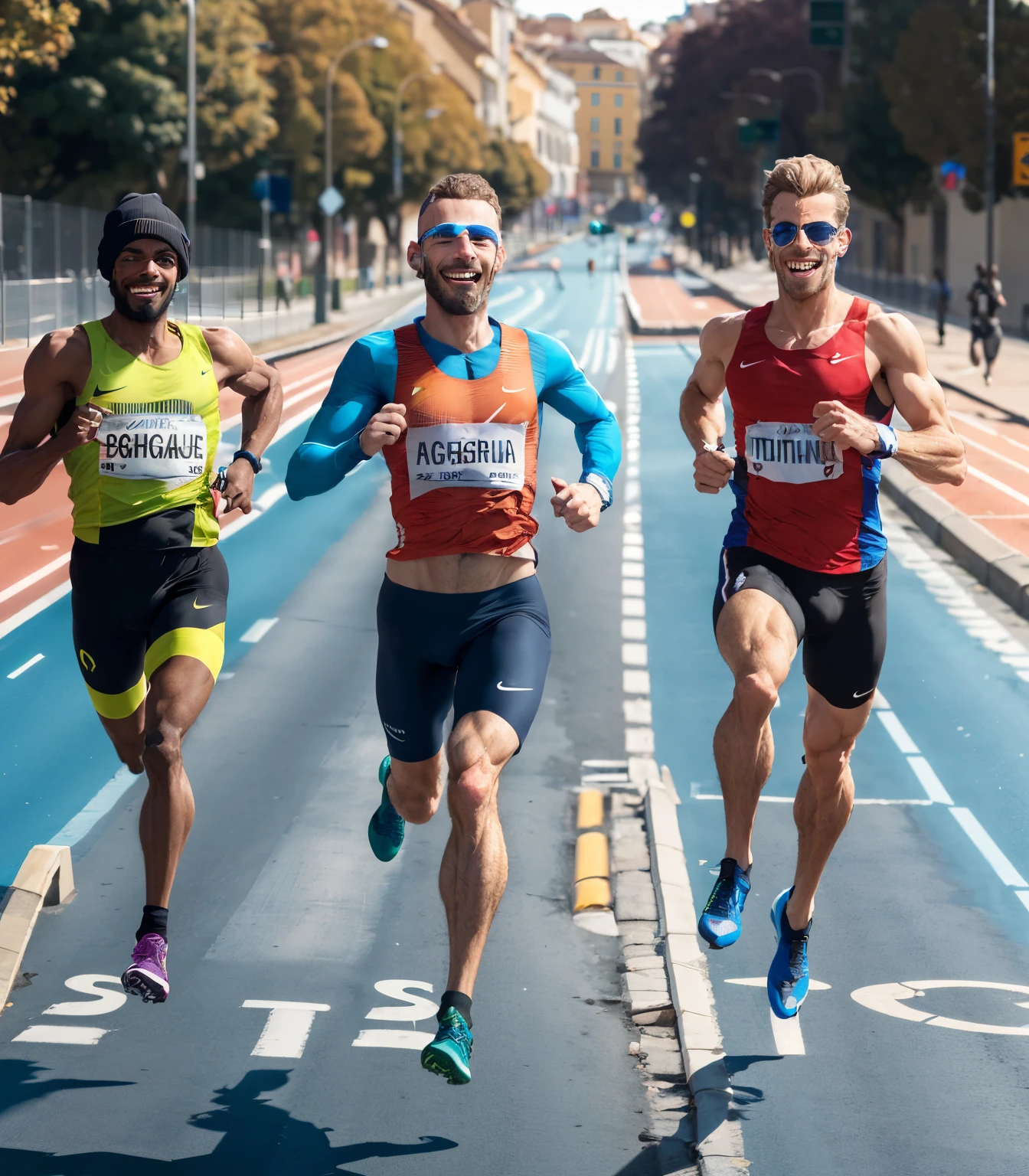 Corredores de rua atletismo cruzando a faixa de chegada. Homens e mulheres, sorrindo, High Definition Image, 8k, super realista.