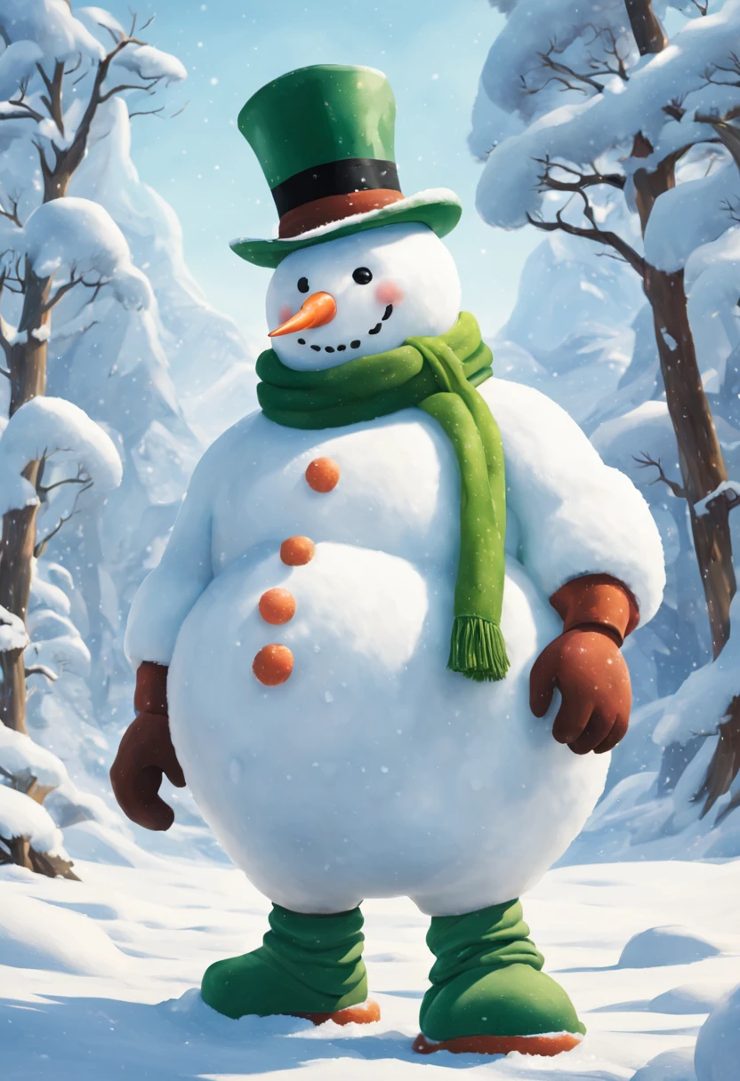 big man made of snow,body made of snow,round head,Snowman face,thick arms,thick legs,Gentle,barechested,Bare legged,Green hat,Green muffler,snowy background,masterpiece,Fantasia,Walking in the snow,Fancy,(A landscape that looks like a picture book)