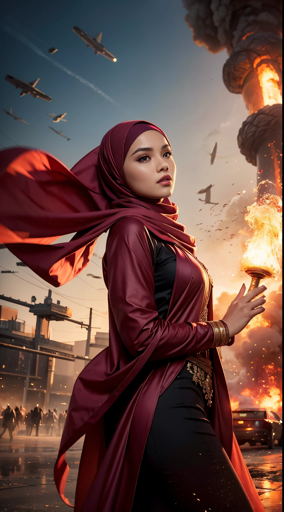 RAW, Best quality, high resolution, masterpiece: 1.3), beautiful Malay woman in hijab (iu:0.8)1beautiful Malay woman in hijab wearing modern youth Muslim clothing,medium breast, modern muslim fashion, flowing shawl, sci-fi, explosions behind, movie poster