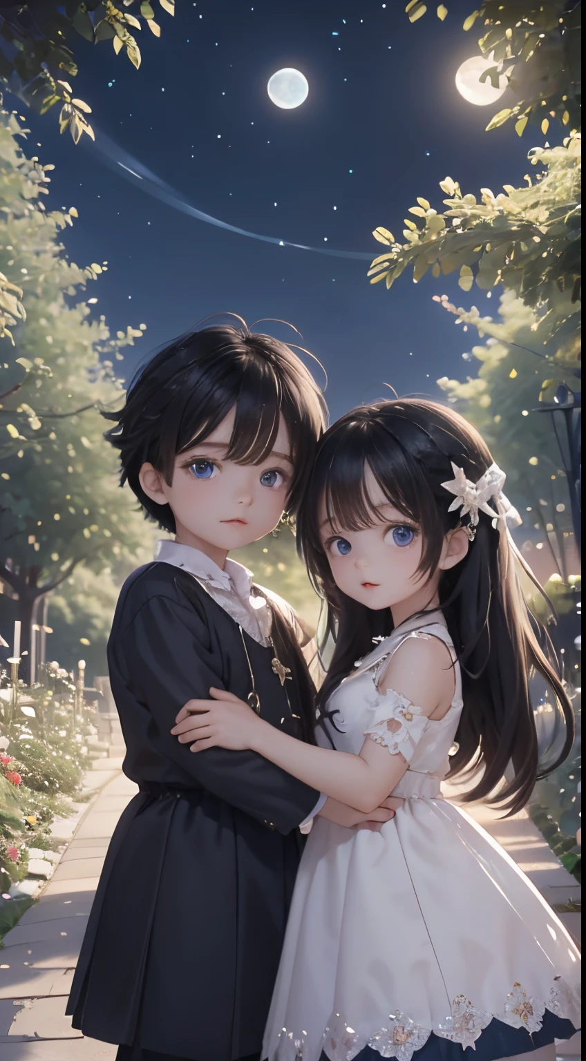 Characters: cute mini girl and cute mini boy, lovely couples, traditional dress, blue eyes, black hair, small characters, 8k, 3D animation. Background: beautiful garden, road, trees, night, moon, stars.