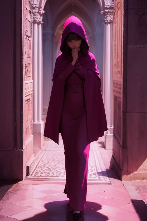 woman in magenta clothes, robe and cloak with hood over head, hiding in the shadows