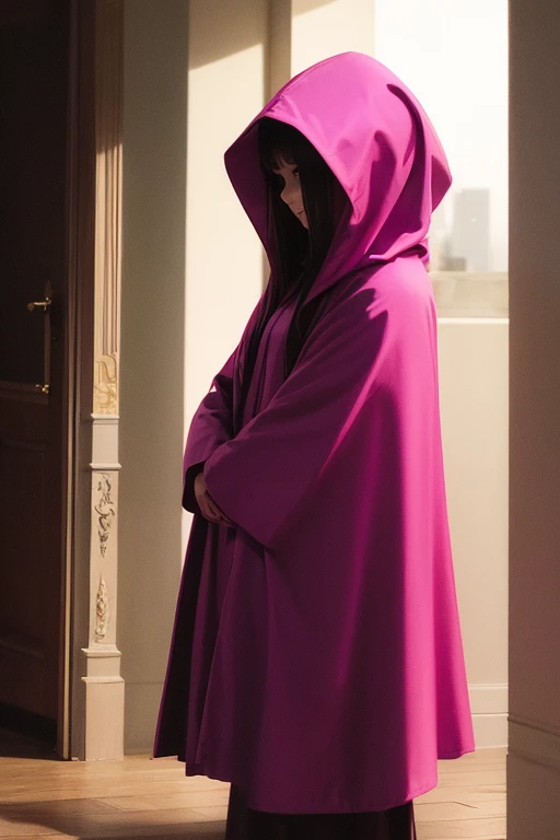 woman in magenta clothes, robe and cloak with hood over head, hiding in the shadows