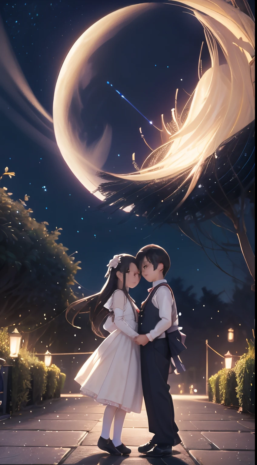 Characters: cute mini girl and cute mini boy, lovely couples, traditional dress, blue eyes, black hair, small characters, 8k, 3D animation. Background: beautiful garden, road, trees, night, moon, stars.