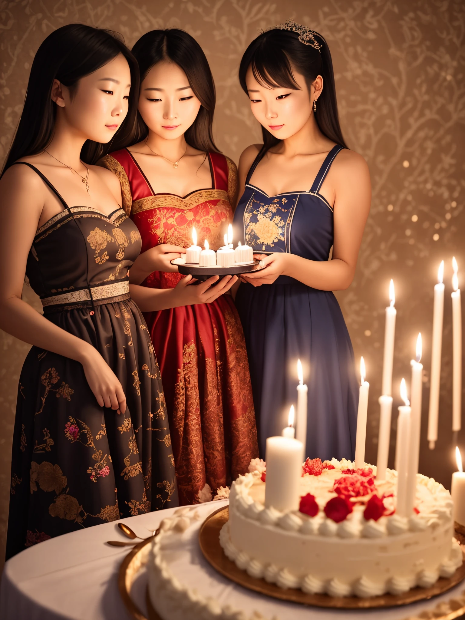 Two women in traditional costumes are standing next to a cake holding candles。, A gem of a birthday cake,anatomy correct，Delicate pattern，Ancient Chinese Art Style，Oriental elements，pretty colors,symple background, Soft lighting, ( Bokeh)，masutepiece, super detailed, epic composition, Highest Quality, 4K，