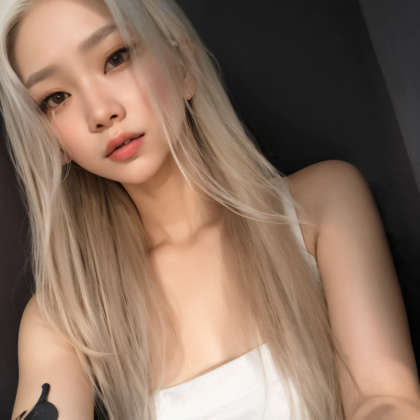 um close up de uma mulher com longos cabelos loiros vestindo uma camisa preta, grandes seios, her hair is white, cabelo loiro muito claro, coreana, com longos cabelos brancos, korean idol, com cabelos longos brancos, 18 anos de idade, melhor qualidade, 4k