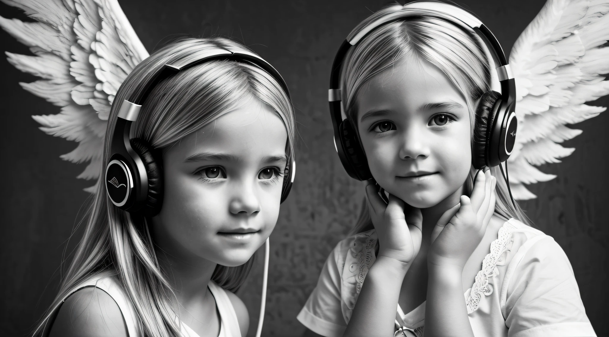 uma foto em black and white de uma CHILD blonde FIREHEAD with headphones, ANGEL'S WINGS, with hands on face.