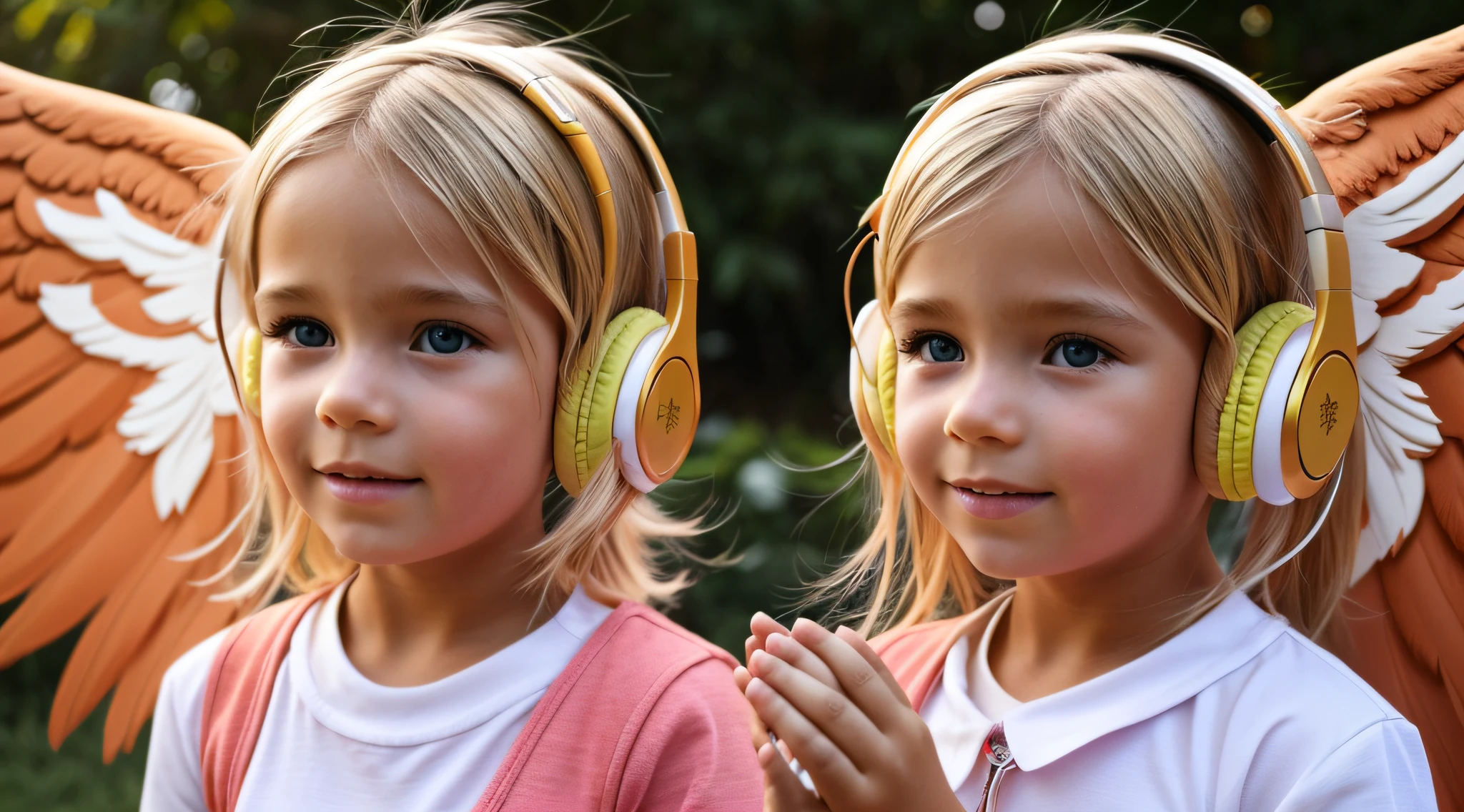 uma foto em COLORS de uma CHILD blonde FIREHEAD with headphones, ANGEL'S WINGS, with hands on face.