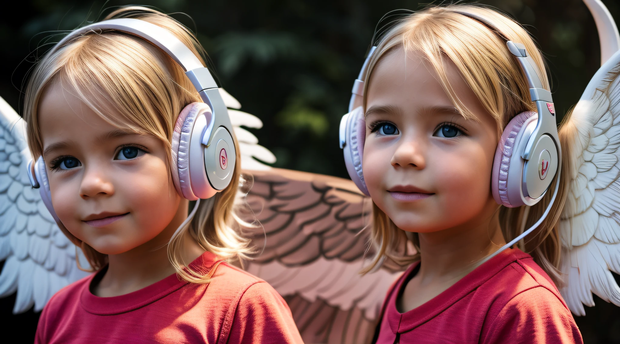 uma foto em COLORS de uma CHILD blonde FIREHEAD with headphones, ANGEL'S WINGS, with hands on face.