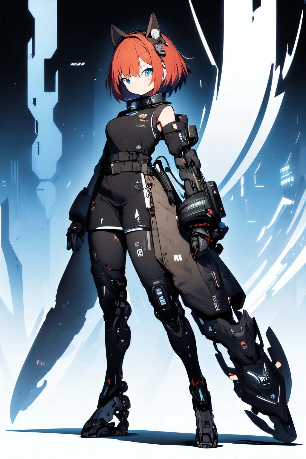 Masterpiece, intricate, anime style, full body, 1girl, rakkun, racoon girl, racoon ears, 1tail, fluffy tail, racoon tail, brown and light brown ringed tail, red and blue eyes blurred, cyber eyes, short hair, red inner hair, brown hair, a strand of hair on the left side, red hair strips, cybernetic body, mecha arms, mecha legs, mechanical arms, mechanical legs, short black shirt uncovered on the shoulders and with a black mesh with black borders up to the collar, polo shirt, short black skitr whit dark red checkered, black belt around the waist, looking at viewer, best quality, 4k,highres, professional art, professional drawing, professional lineart, outlined markers