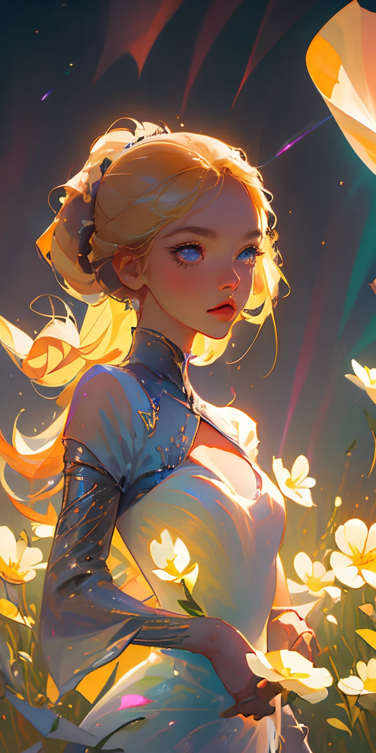(best quality, masterpiece), 1girl, pose, particle, wind, flower, upper body, simple background, looking at viewer, blonde, galaxy,