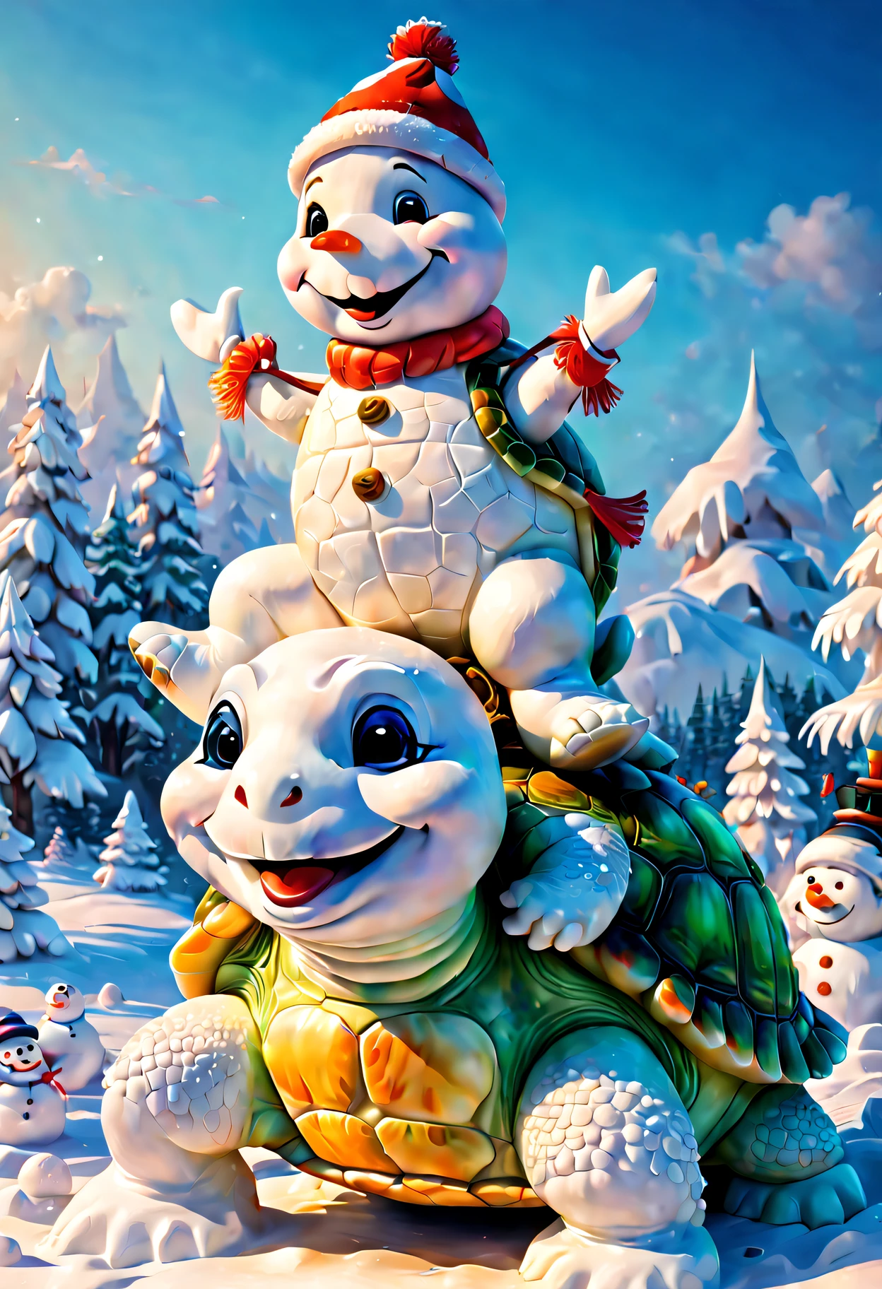 Snowsculpture，snowman sitting on the back of a turtle,illustration,[adorable turtle,smiling snowman,playful scene],[best quality,ultra-detailed,realistic:1.37],vivid colors,soft lighting，，(Best quality,4K,8K,A high resolution,tmasterpiece:1.2),ultra - detailed,(actual,realistically,realisticlying:1.37),