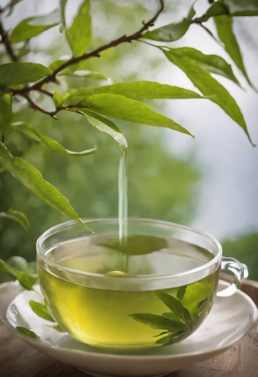 On the table、top-quality、真实感、Surreal、(Green tea steamed tea cup)、((just below the water, you can see the small, Thin branches float vertically))