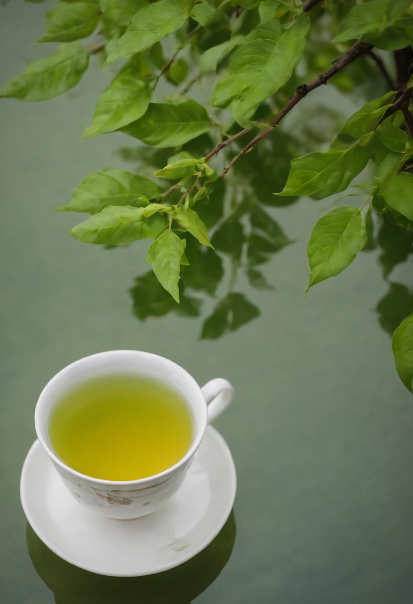 On the table、top-quality、真实感、Surreal、(Green tea steamed tea cup)、((just below the water, you can see the small, Thin branches float vertically))