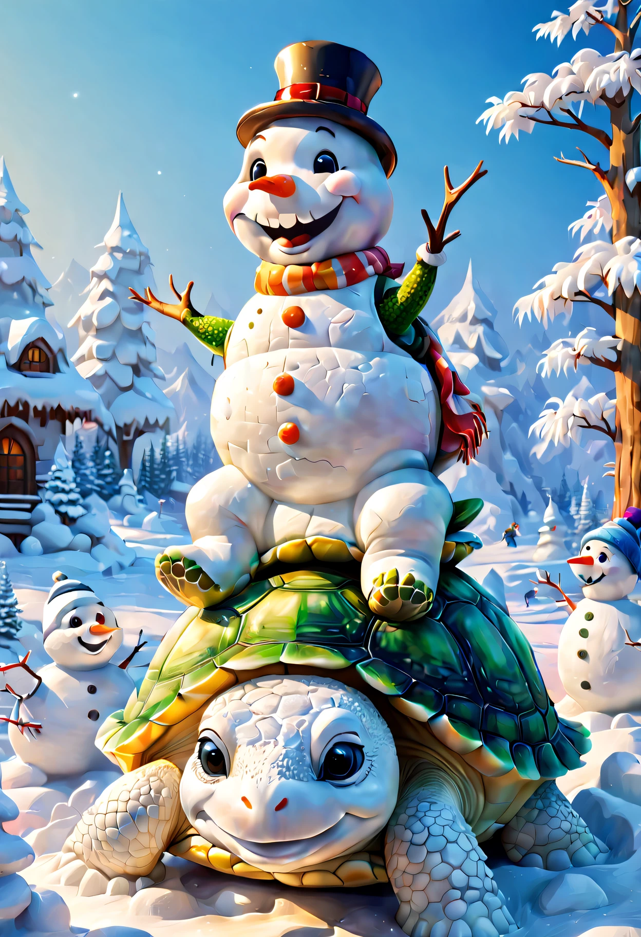 Snowsculpture，snowman sitting on the back of a turtle,illustration,[adorable turtle,smiling snowman,playful scene],[best quality,ultra-detailed,realistic:1.37],vivid colors,soft lighting，，(Best quality,4K,8K,A high resolution,tmasterpiece:1.2),ultra - detailed,(actual,realistically,realisticlying:1.37),