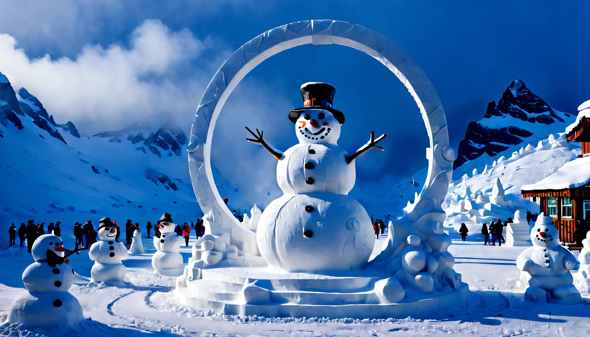 (snowman Snowsculpture:1.5),A mysterious snowman emerges from mist-shrouded Antarctica portal. via portal, mountain scene、The snow scene unfolds before our eyes. The snowman passes through the entrance into a modern city bustling with people and lights, Create a sense of adventure. tmasterpiece, Best quality, ultra - detailed, epic art, awe-inspiring, Magical elements, Yakov Rozansky (Yakov Rozhansky) inspiration for painting, (old woman's circle:1.4),(Best quality at best,4K,8K,A high resolution,tmasterpiece:1.2),ultra - detailed,(actual,realistically,realistically:1.37),