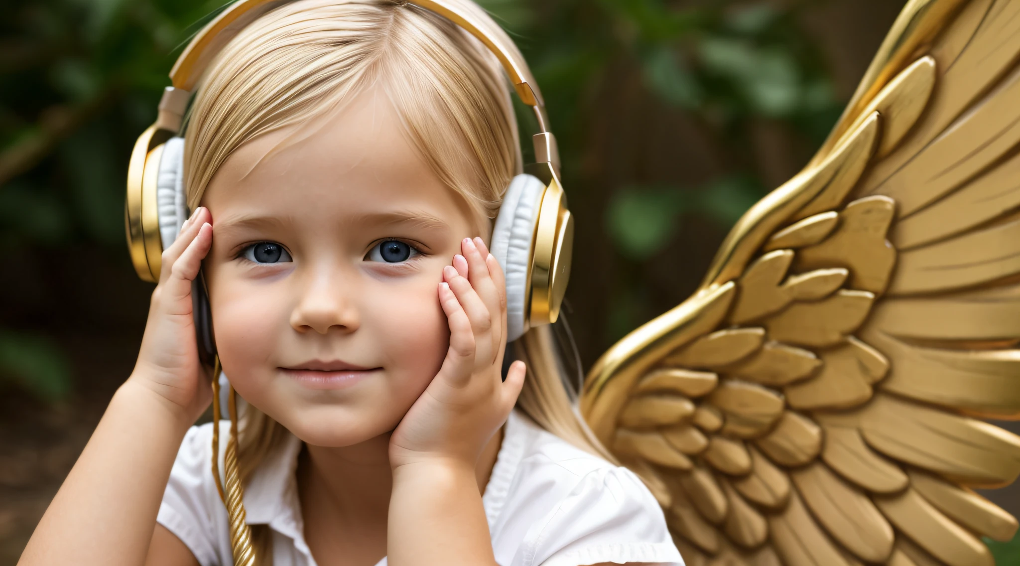 uma foto CHILD blonde FIREHEAD with headphones, ANGEL'S WINGS GOLD , with hands on face.