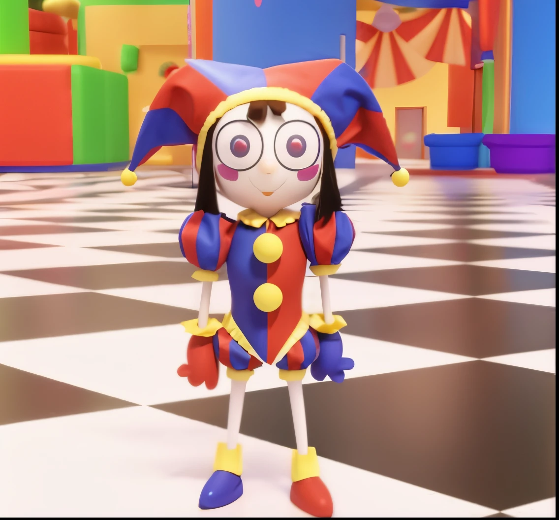 um close de um personagem de desenho animado em uma sala com piso xadrez, Clown GossipCore:, e 2K Cutecore Clowncore, 4 k octane render, jester themed, Personagem 3D, Personagem 3D, muffet de undertale, fofo! c4d, Renderização 3D 8K Octane, clown girl