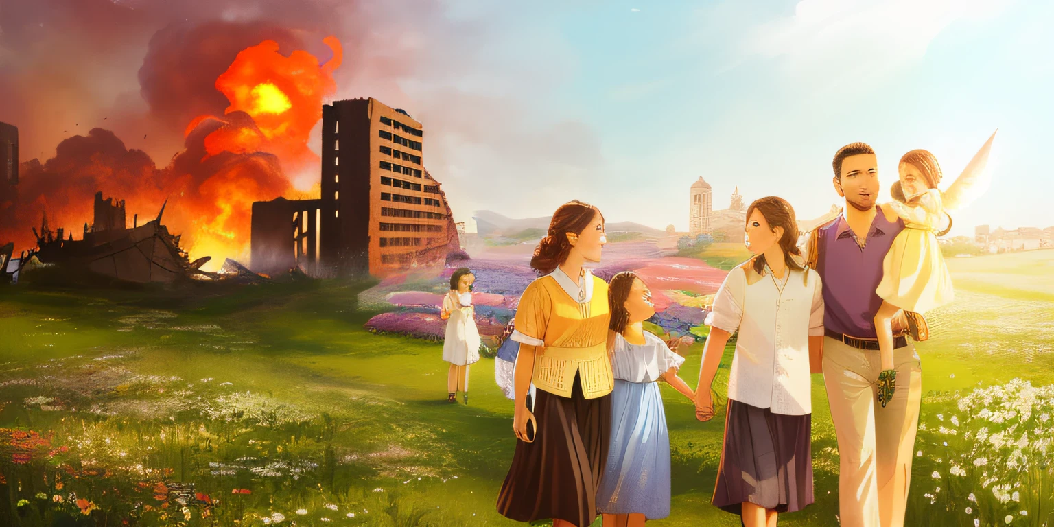 An cities are destroyed in the background, with flames and smoke billowing into the sky. The flames consume buildings and structures, filling the air with thick smoke. The destruction is intense and chaotic, with the fire spreading rapidly and engulfing everything in its path. The city is in ruins, with debris and ashes scattered across the landscape. The flames dance and flicker, casting an eerie light on the surrounding area. The smoke creates a hazy atmosphere, obscuring the view and giving the scene a sense of danger and urgency. The fire is relentless, creating a sense of chaos and destruction. The flames engulf everything in their path, leaving nothing untouched. The scene is filled with the sounds of crackling fire and crumbling structures, adding to the atmosphere of destruction. The colors are intense and vibrant, with shades of orange, red, and yellow dominating the scene. The light from the flames creates dramatic shadows and highlights, emphasizing the destruction. The overall mood of the scene is one of devastation and destruction, with a sense of urgency and danger. The prompt tag can be as follows: "city on fire, burning buildings, billowing smoke, destruction and chaos, intense flames, ruins and debris, hazy atmosphere, danger and urgency, crackling fire, vibrant colors, dramatic shadows and highlights".