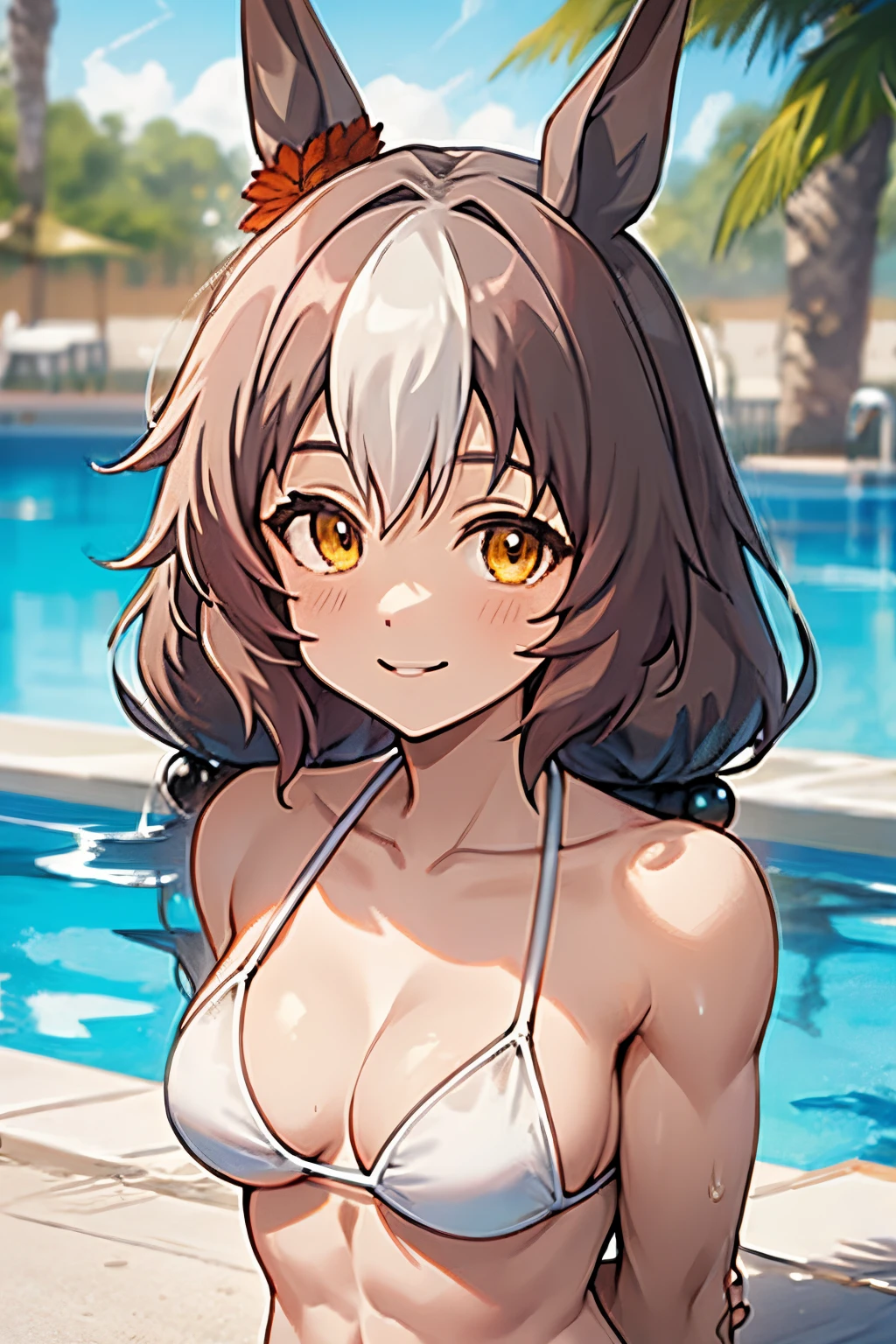 yamanin zephyr\(umamusume\), ultra-detailed face, masterpiece, best quality, upper body, muscular body, abs, front, white bikini, pool, light smile, arms behind back