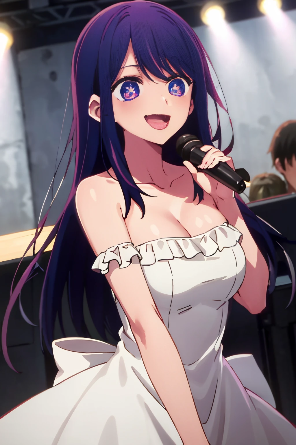 NSFW,1girl,3man,(((1girl,3man,vaginal,sex,fellatio))),​masterpiece,full body,highly detailed,purple color hair,pink luxuriey dress,big eye,a smile,8K,Ai Hoshino,Live performance venue,live lighting,live venue,audience,