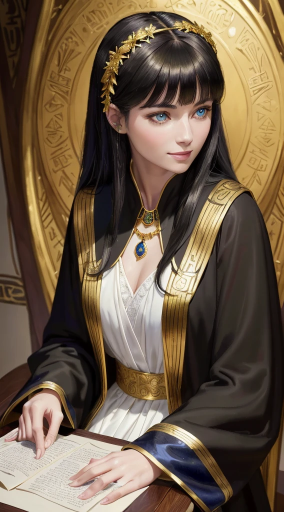 (highres,masterpiece:1.2),(close-up:1.1),portrait, ultra-detailed, character portrait from DND table top RPG, solo, female focus, young adult, olive green coloured eyes, beautiful detailed lips, mischievous smile, extremely detailed eyes and face, medium length straight white hair with bangs, white and gold flower-shaped jewel hair clip on the side of the head, porcelain skin tone, slender chest, hands at rest, girl wearing black robes with a long black coat, black egyptian styled robes with intricate gold lines, high collar robes, golden necklace with lapis lazuli scarab shaped pendant (realistic,photorealistic,photo-realistic:1.37),desertic background with flying tree leaves and paper stripes with glowing runes