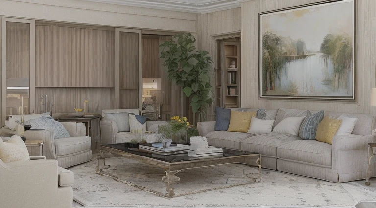 Interior design of living room,wide windows,cozy yellow (flower::spot)