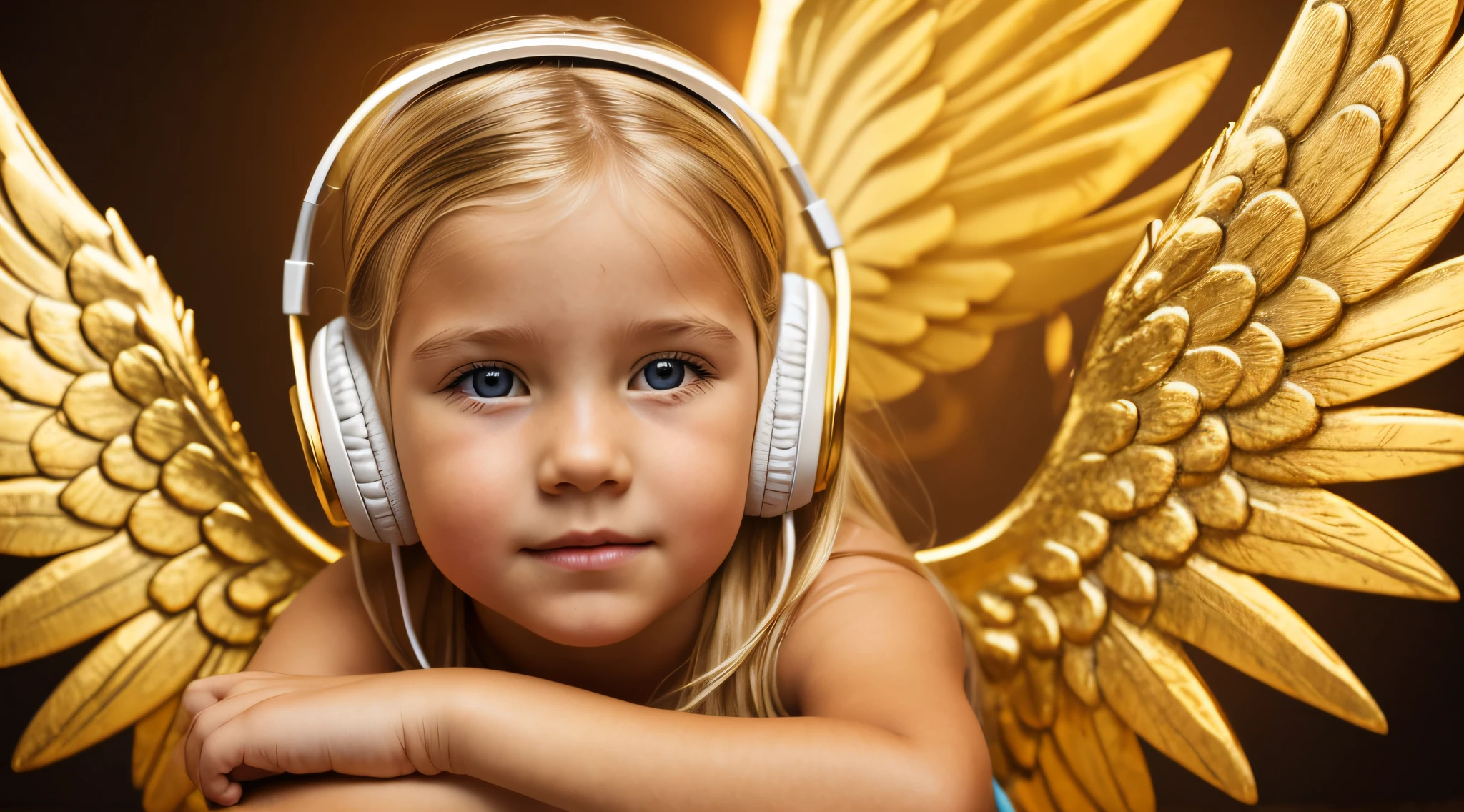 uma foto CHILD blonde FIREHEAD with headphones, ANGEL'S WINGS GOLD , with hands on face.