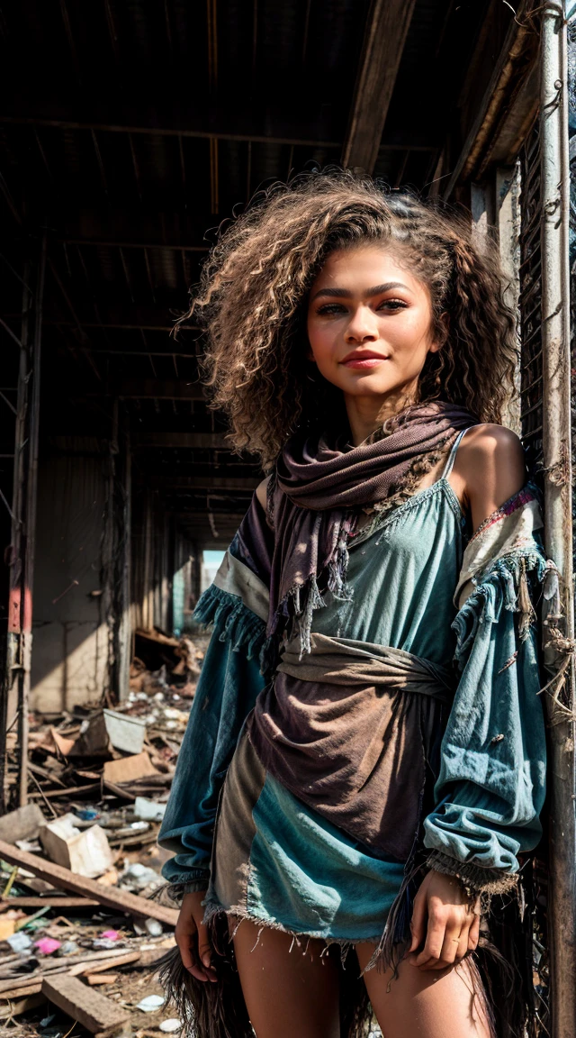Generate a thought-provoking image of Zendaya embodying the theme "Destruction is Easy, Fixing is Hard, Saying Hope is Hard," dressed in a realistic and symbolic poor beggar costume. Dress her in worn, multi-tiered layers of earth-toned, faded fabrics to reflect the struggles of destitution. The attire should consist of various textures, suggesting the haphazard gathering of clothing for warmth and survival.
Consider elements like patched-up areas, frayed edges, and different shades of browns and grays to portray a sense of wear and tear. Capture Zendaya's facial expression with a mix of resilience and contemplation, conveying the challenges depicted in the theme. Illuminate the scene with muted lighting to enhance the mood.
Place her in a setting that complements the narrative, such as a neglected urban backdrop or a scene of abandoned spaces. Incorporate subtle details in the background that symbolize the difficulties of destruction and the potential for rebuilding.
The final result should be a poignant and visually striking image, with attention to the realistic details of Zendaya's beggar costume, facial expression, and the backdrop, effectively conveying the themes of destruction, fixing, and the difficulty of expressing hope.