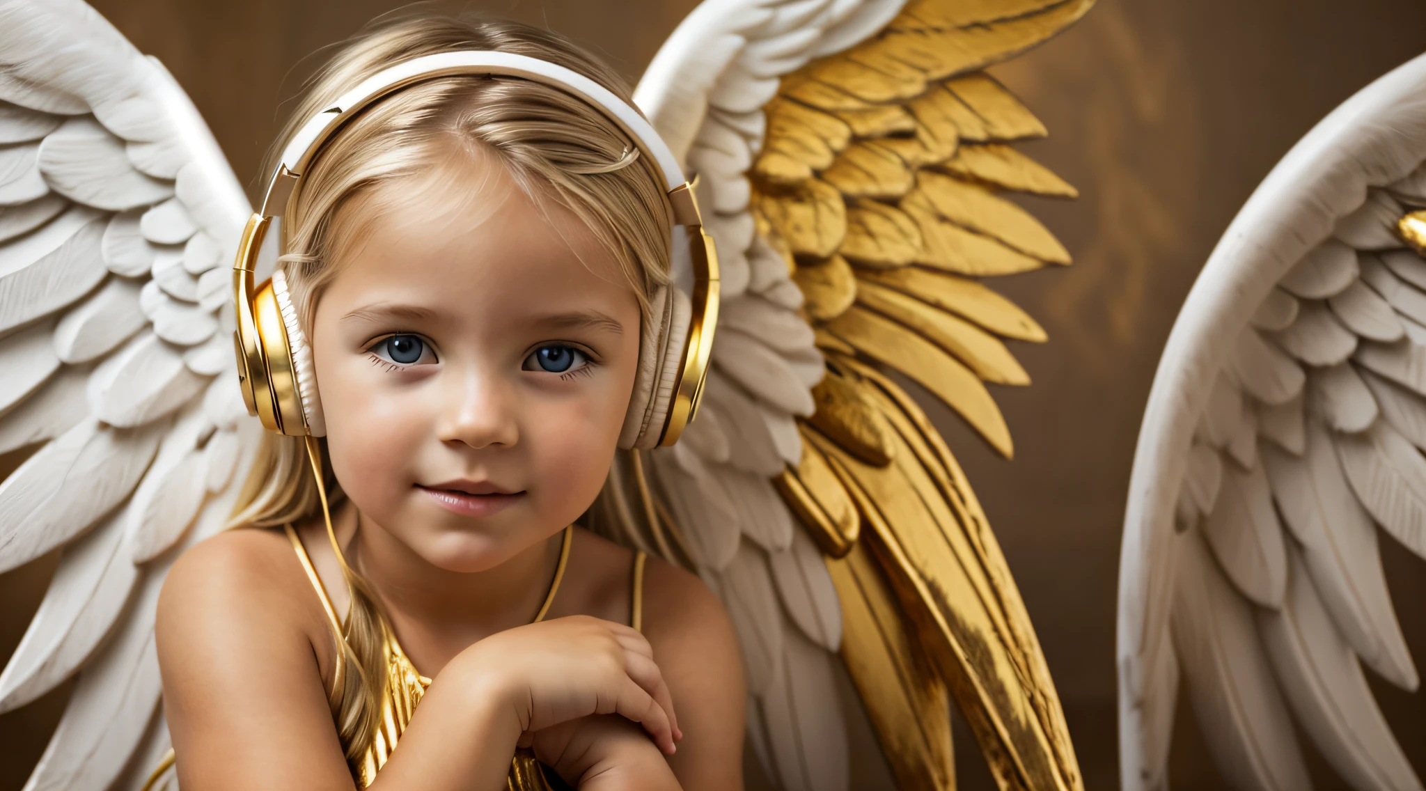 uma foto CHILD blonde FIREHEAD with headphones, ANGEL'S WINGS GOLD , with hands on face.