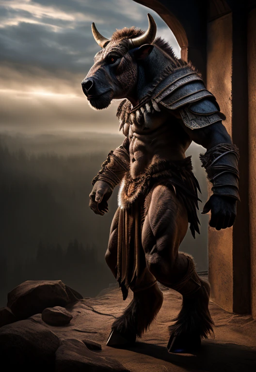 uploaded on e621, (male anthro bull), standing, solo, muscle, detailed scale texture, old castle, (battlefield), (tribal clothing, ((long loincloth))), (shoulder armor, leg armor), brown body, white belly, dawn, shaded, dim environment, (side view), looking stoic, [simple background], detailed eyes, masterpiece artwork, caustics, rim lighting, single light source, sharp shadows, solo portrait, (digitgrade, hooves, medium-length horns), (realistic, photorealistic, hyper realistic, ultra detailed), by kenket, chunie