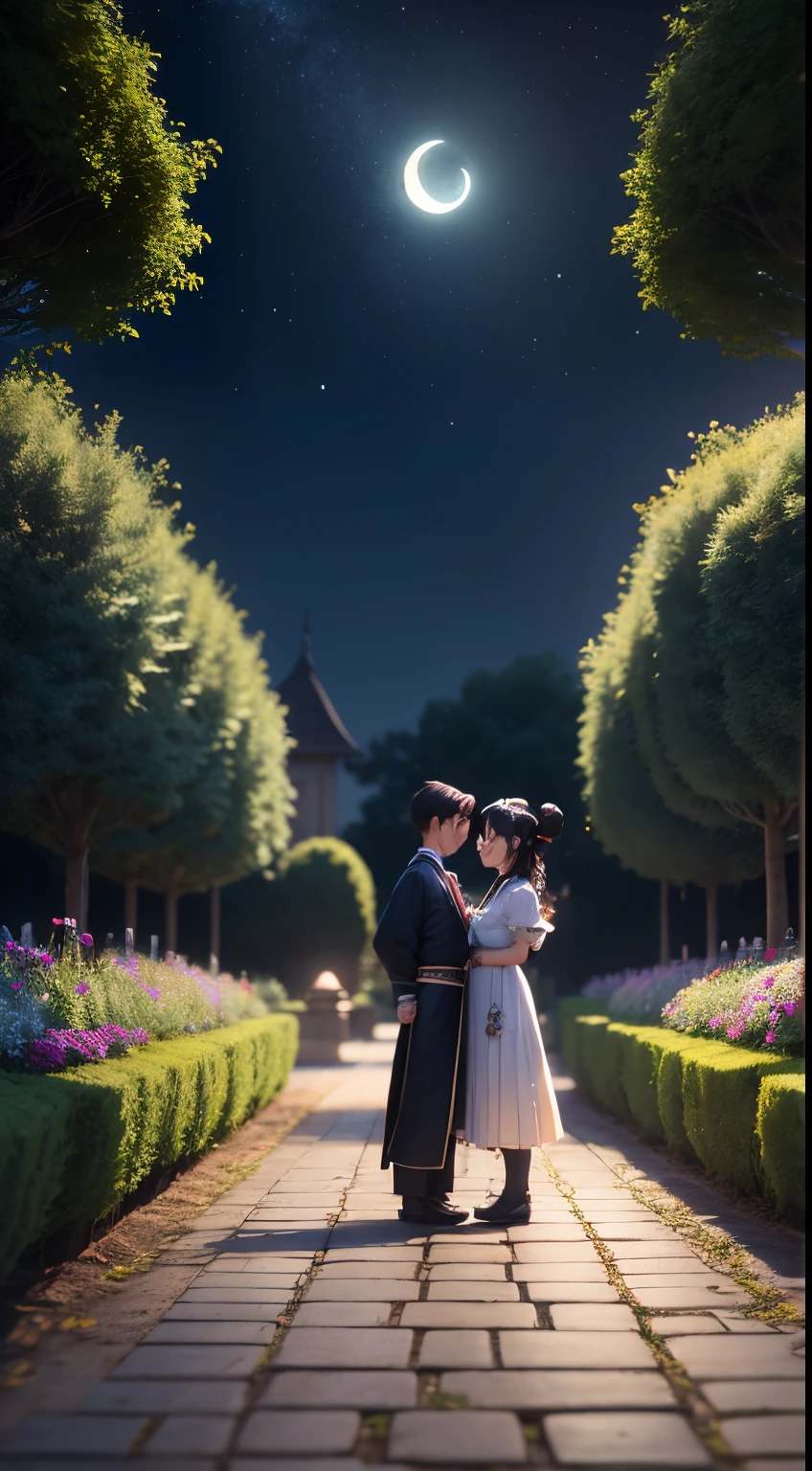 Characters: cute mini girl and cute mini boy, lovely couples, traditional dress, blue eyes, black hair, small characters, 8k, 3D animation. Background: beautiful garden, road, trees, night, moon, stars.
