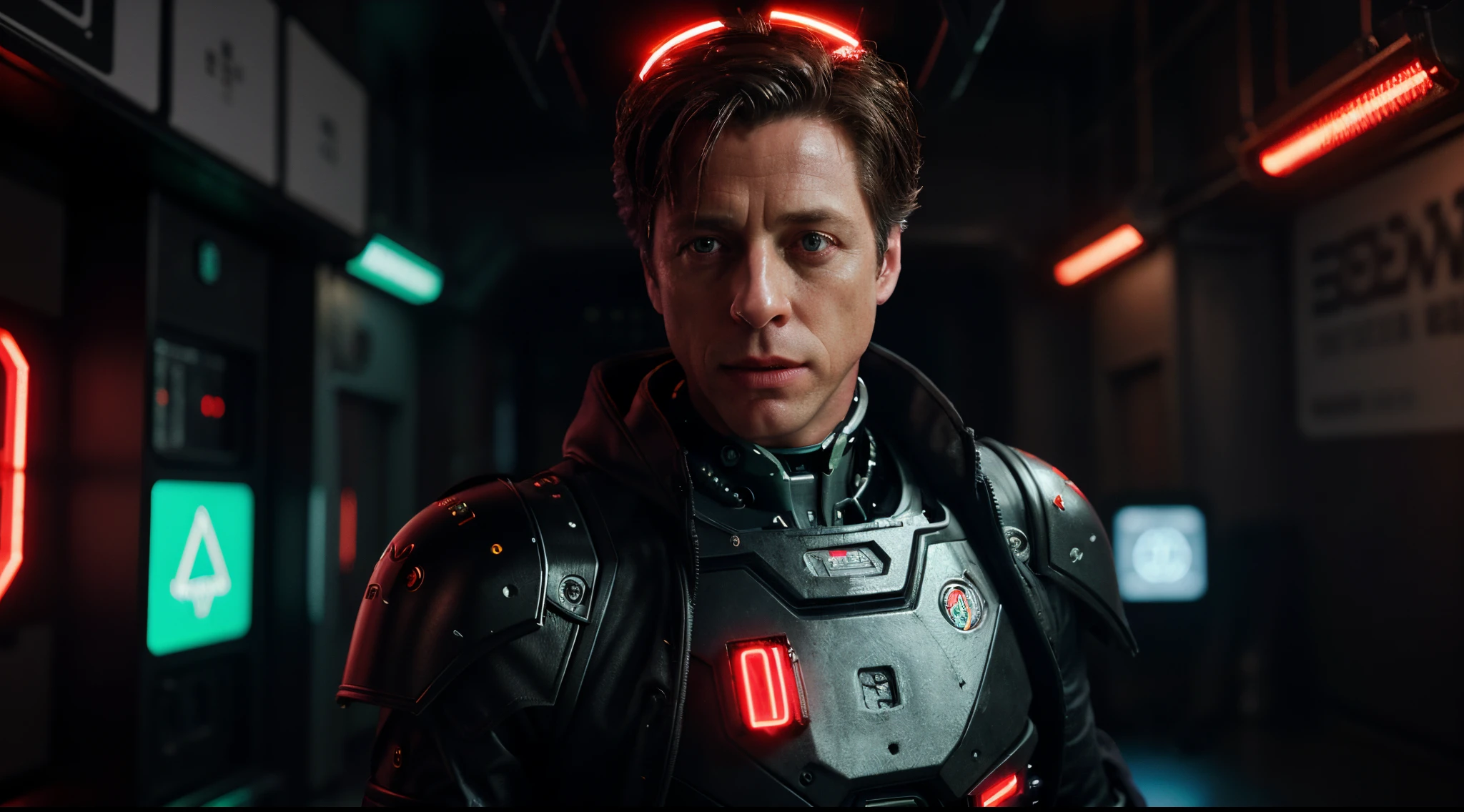 Cinematic Ultra Realistic 8k Centered, homem [Hugh Grant], In a shiny black mechanical android suit with red accents and lights with intricate cybernetic implants, coat, indoor backdrop illuminated with red neon lights, bem iluminado, Cyberpunk, Foto premiada, Bokeh, red neon lights, cybernetic limb