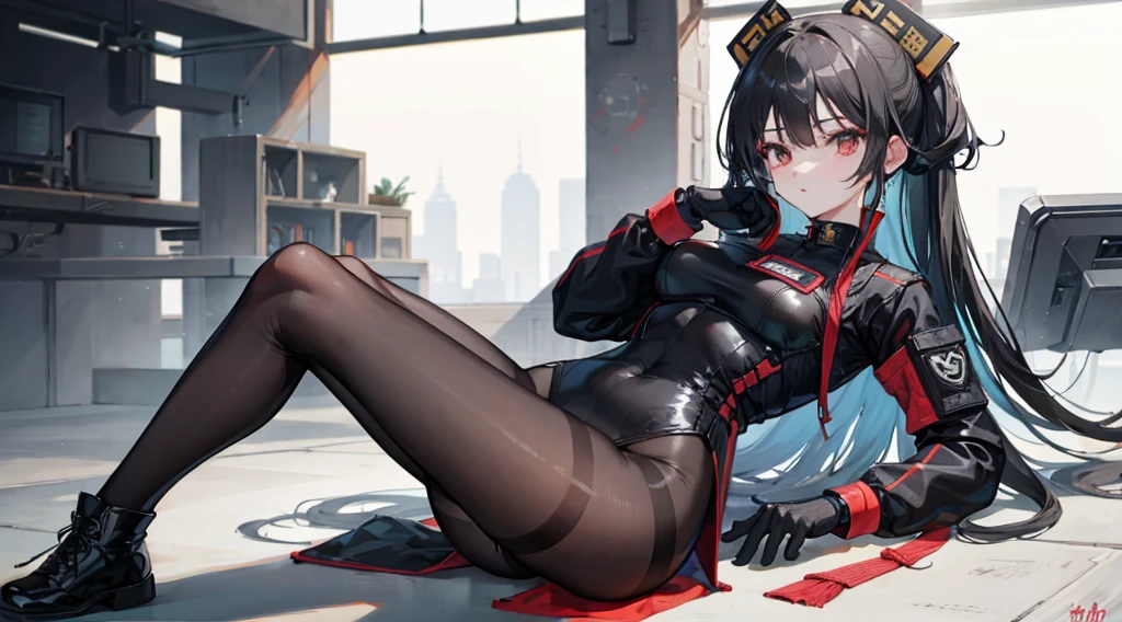 Guang Ling，army suit，black pantyhoses，black military boots，mitts，Place your hands behind your back，A sexy pose