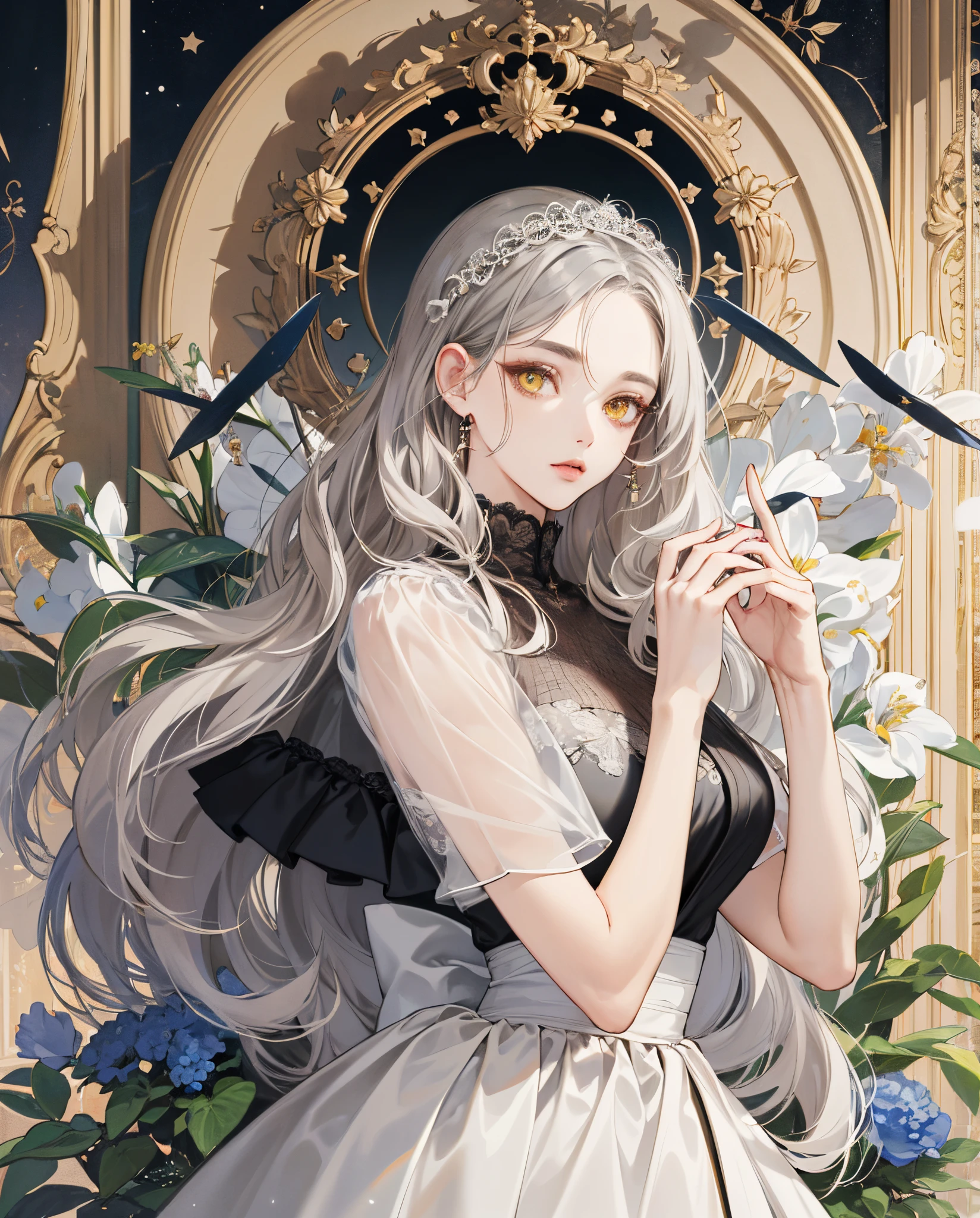 ( Absurd , High quality , ultra-detailliert, careful with hand )Zodiac Sign - Libra Goddess , Similar to Latin goodness . fair, wise, helpful, Friendly face . shallow, apathetic, yui, Love for convenience style ,  Mature , Yellow eyes(eye detailed), dense gray hair , Transparent dress ,
(​masterpiece、top-quality、top-quality、Official Art、Beautifully Aesthetic:1.2)、
1girl in、Pastries、
very_long_hair、hyperdetailed colourful、highest details、