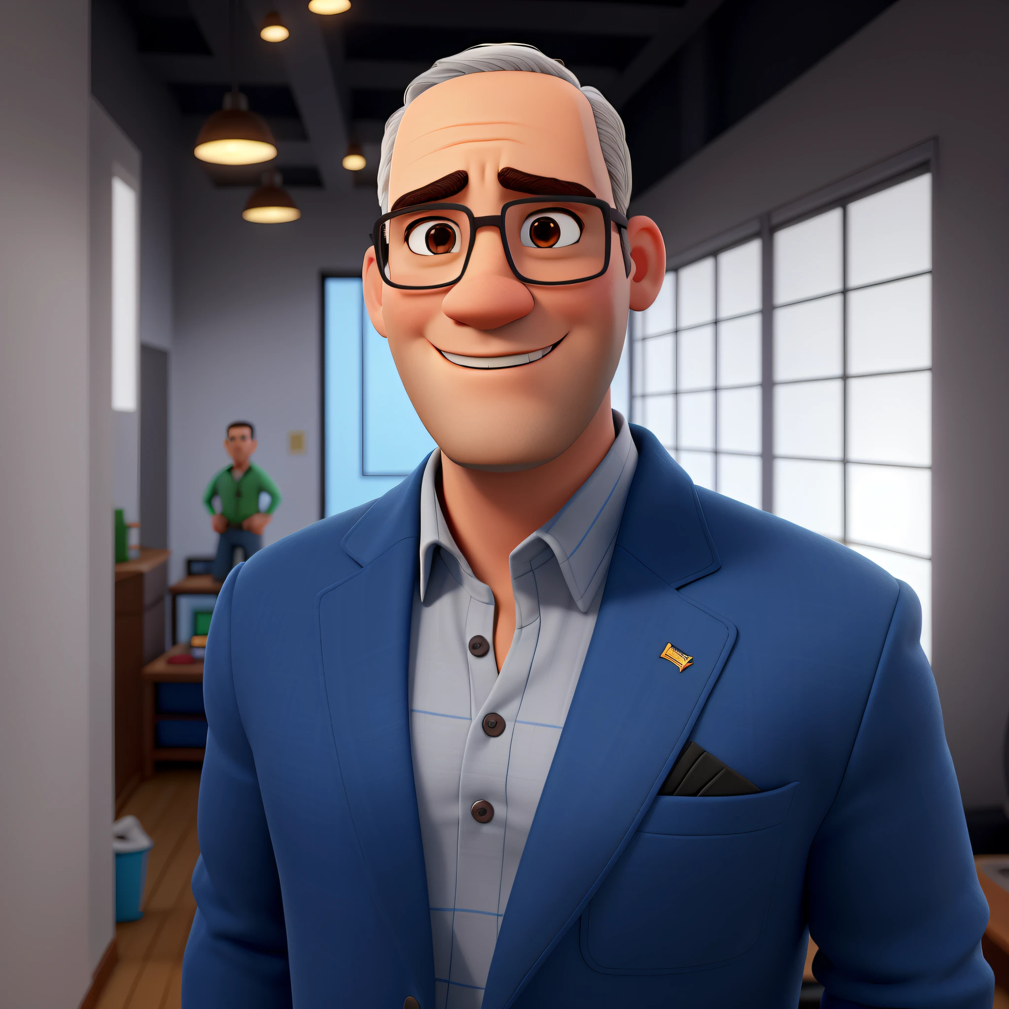 Rosto de alto detalhe, Estilo Pixar, Personagens de desenhos animados, Cute 3D rendering, Retrato na altura da cintura de um homem maduro de terno azul e blusa cinza, sorrir, s office, textura natural da pele, Textura 4k, HDR, intrincado, super detalhado, foco nítido, cinematic look, super detalhado, -IW 1.5