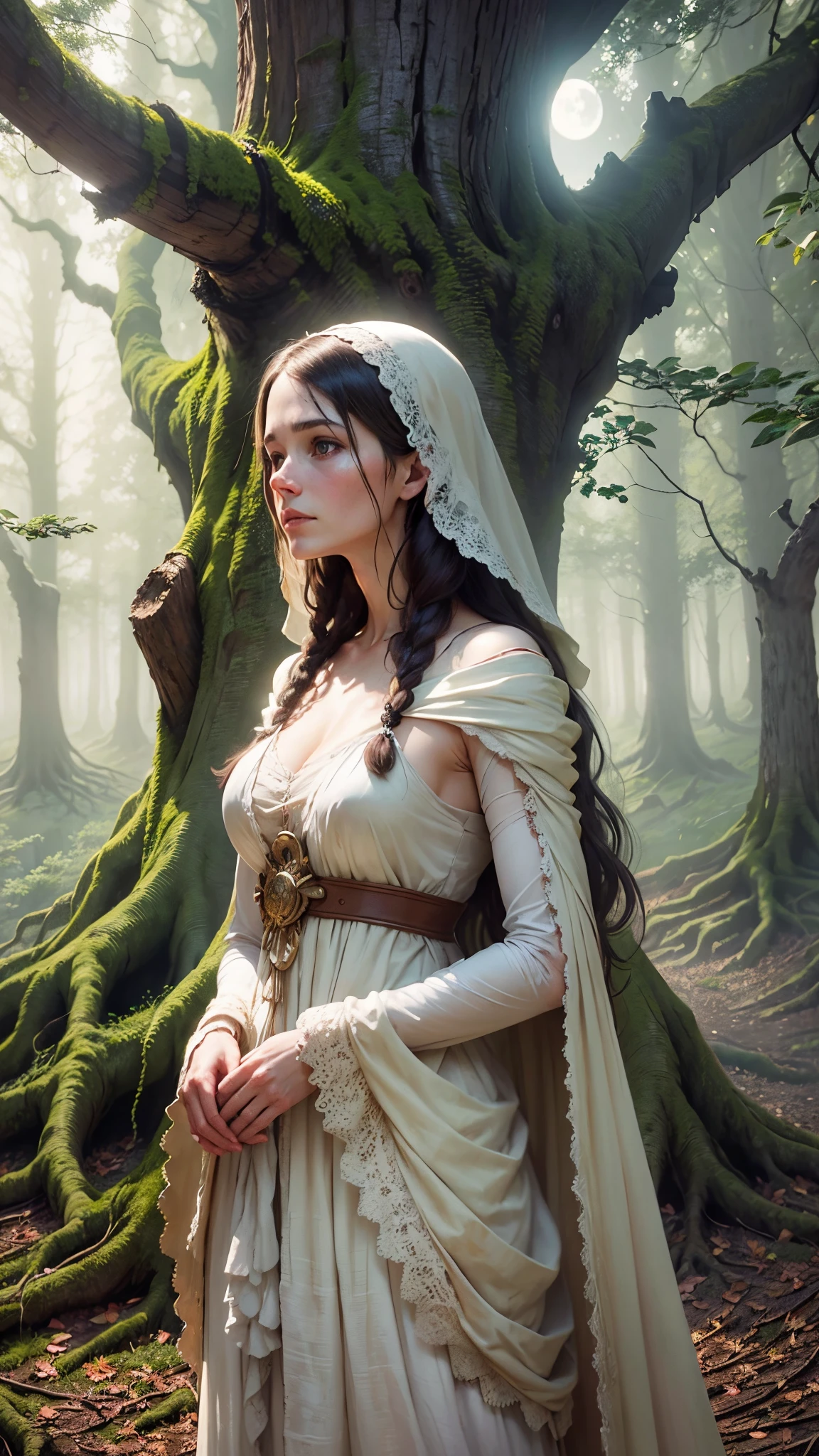  A hyperrealistic very pale woman with a long messy-straight redhair, freckled skin, skin pores, realistic textured skin, illuminated skin, wearing twigs on her head, wearing a white gothic dirty old dress. she is dancing in a forest around a big bonfire. Realistic textures, dark horror atmosphere, with dramatic lighting and intricate details in both the woman and the surroundings. A dark fantasy horror forest design, with shadows and light playing off her, intricate details, high contrast, high sharpness , (extremely detailed 8k wallpaper), (natural lighting), high qualiy, film grain, Sharp focus Fujifilm XT3, f5.6, 135mm, high détail, sharp focus, (external light), crazy details, complexdetails, hyperdetailed,