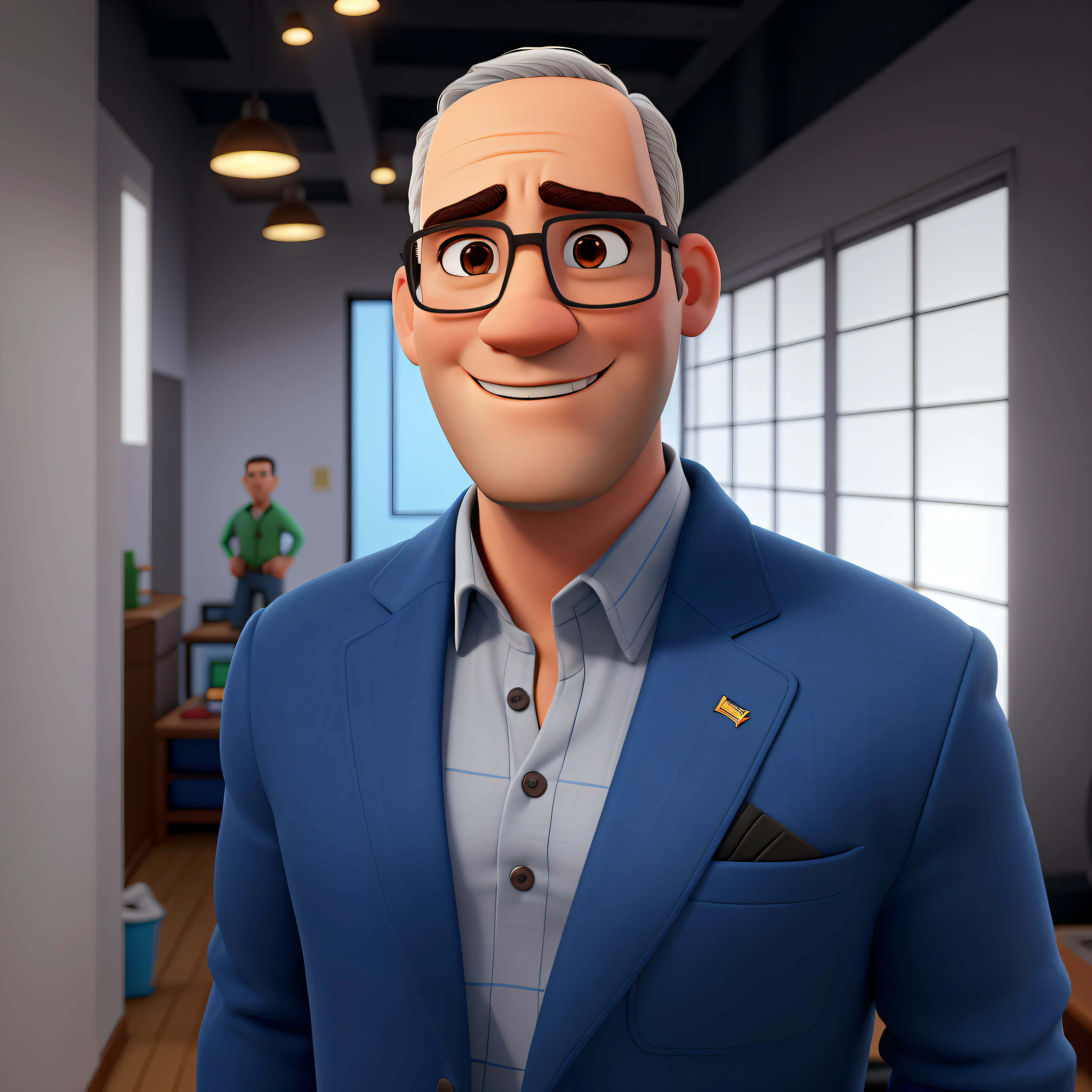 Rosto de alto detalhe, Estilo Pixar, Personagens de desenhos animados, Cute 3D rendering, Retrato na altura da cintura de um homem maduro de terno azul e blusa cinza, sorrir, s office, textura natural da pele, Textura 4k, HDR, intrincado, super detalhado, foco nítido, cinematic look, super detalhado, -IW 1.5