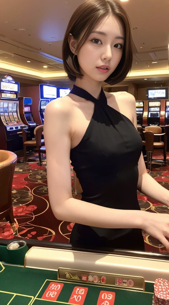(RAW Photos:1.2), (Realistic:1.4),Beautiful detailed woman,非常にFine Eyesと顔, Fine Eyes, Very detailed,High resolution, Very detailed,highest quality,Awareness-raising,Unified,8k wallpaper,masterpiece,highest quality,1 female,alone,rich,Esbian all over,(A little chubby:0.85),Thick legs,alone,(Bright green business suit),(white ruffle blouse)、(Black long tight skirt:1.6),(pumps),jewelry, necklace ,short hair,A kind smile,A dignified atmosphere,black eye,Realistic,(In front of the Casino in Monaco:1.6)、Casino building in the background、blue sky、(Daytime sun)、(Stand upright:1.4)