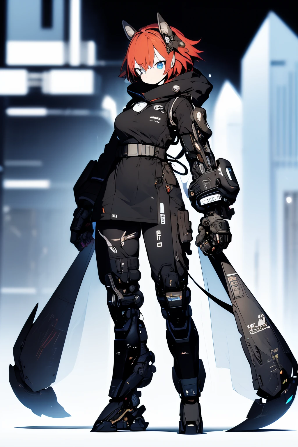 Masterpiece, intricate, anime style, full body, 1girl, rakkun, racoon girl, racoon ears, 1tail, fluffy tail, racoon tail, brown and light brown ringed tail, red and blue eyes blurred, cyber eyes, short hair, red inner hair, brown hair, a strand of hair on the left side, red hair strips, cybernetic body, mecha arms, mecha legs, mechanical arms, mechanical legs, short black shirt uncovered on the shoulders and with a black mesh with black borders up to the collar, polo shirt, short black skitr whit dark red checkered, black belt around the waist, looking at viewer, best quality, 4k,highres, professional art, professional drawing, professional lineart, outlined markers