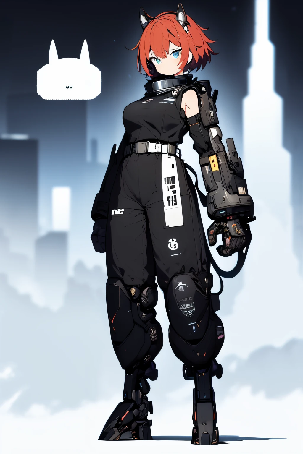 Masterpiece, intricate, anime style, full body, 1girl, rakkun, racoon girl, racoon ears, 1tail, fluffy tail, racoon tail, brown and light brown ringed tail, red and blue eyes blurred, cyber eyes, short hair, red inner hair, brown hair, a strand of hair on the left side, red hair strips, cybernetic body, mecha arms, mecha legs, mechanical arms, mechanical legs, short black shirt uncovered on the shoulders and with a black mesh with black borders up to the collar, polo shirt, short black skitr whit dark red checkered, black belt around the waist, looking at viewer, best quality, 4k,highres, professional art, professional drawing, professional lineart, outlined markers