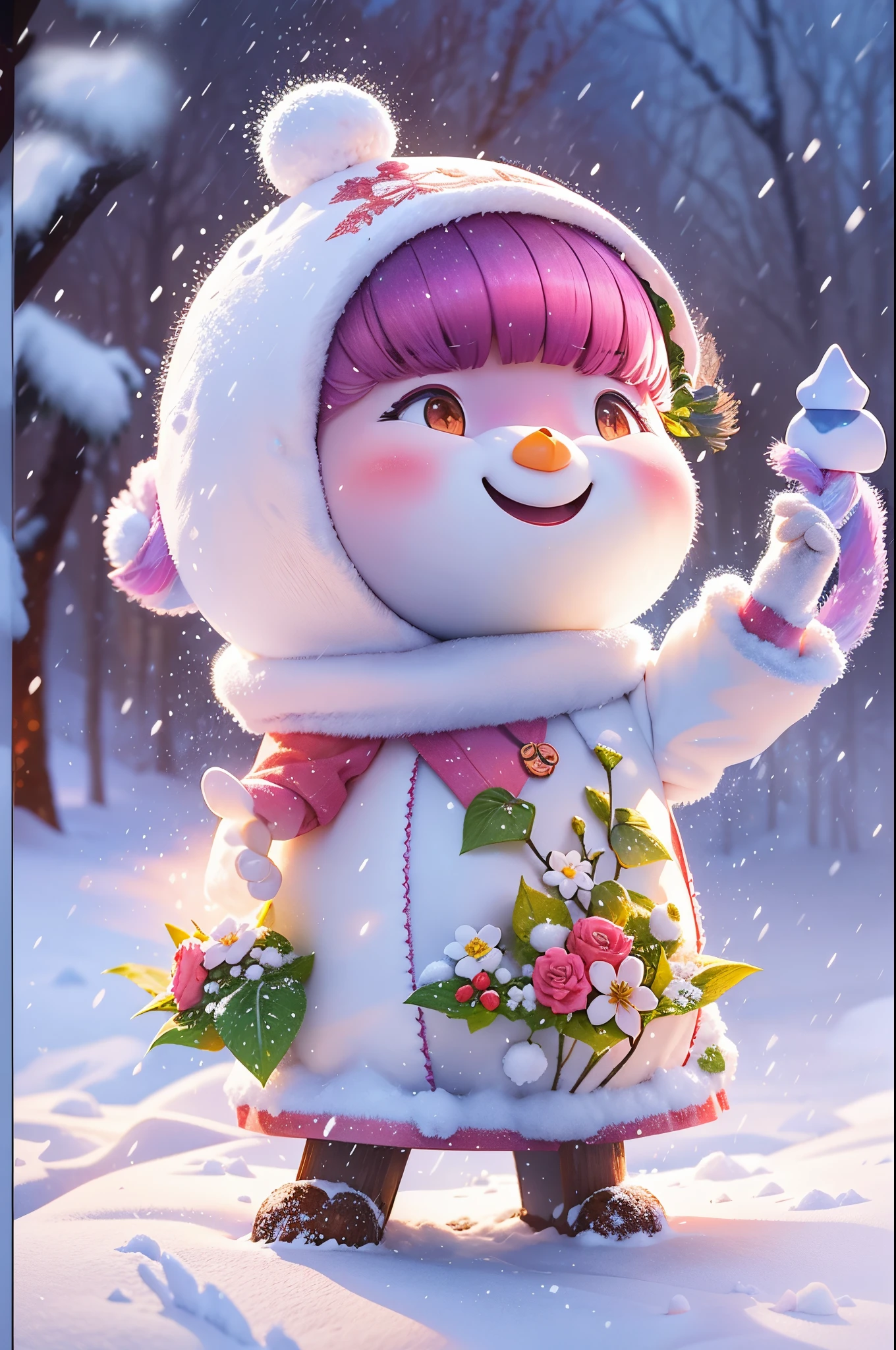 A 5-year-old girl happily built a big snowman，snowflower，at winter season，Thick snow，footprints，Colorful，like a dream，style of disney animation，disney animated movie style，（（Best quality））， （（tmasterpiece））， Enhanced dynamic viewing angle，，flowers blooming，Cottage in the woods，glowing effect，ultra - detailed，Works of masters，high high quality，8K分辨率，depth of fields，电影灯光，epic shooting，high high quality，ultra - detailed，Detailed pubic hair，Accurate，电影灯光