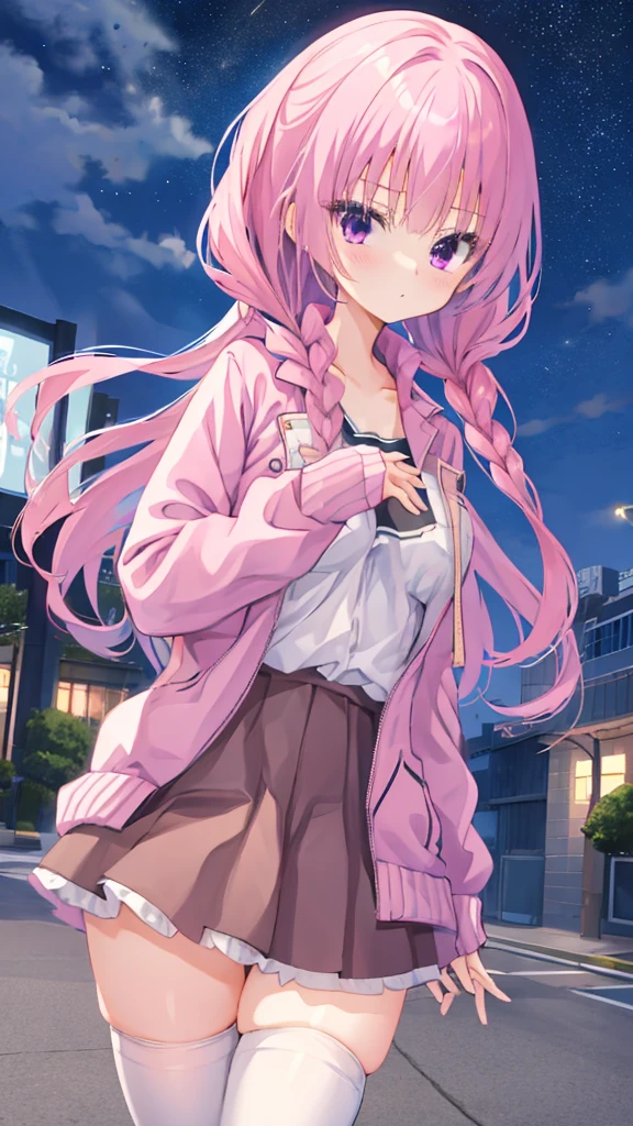 1个Giant Breast Girl,mitsukasa ayase,The city at night,Sweatshirt,hands in a pocket,black short skirt,nudegirl,White stockings